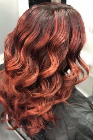 Gorgeous Copper Red Balayage Curls created by the Salon-M Team